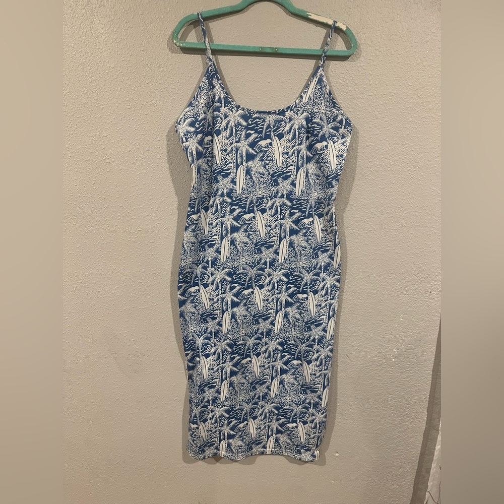 Grace Karin Blue and White Palm Print Midi Dress